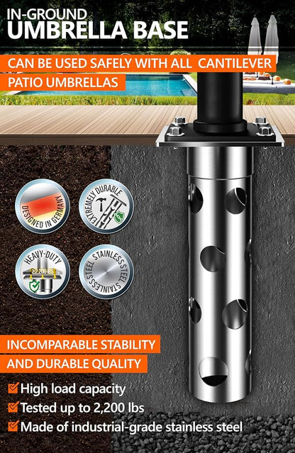 4smile In-ground umbrella base - In Ground umbrella holder, stainless steel - Parasol stand outdoor base, high load capacity and durable quality
