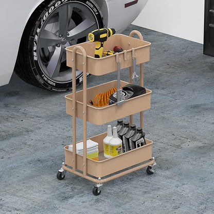 Simple Houseware 3-Tier Heavy Duty Metal Utility Rolling Cart, Khaki