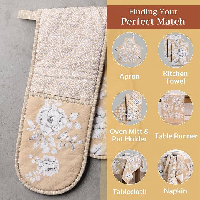 Maison d' Hermine Double Oven Mitts 100% Cotton Double Oven Glove (7"x35") | Heat Resistant BBQ Cooking Gloves with Loop Baking Kitchen Home Hotel Farmhouse Thanksgiving Christmas - Pretty Autumn