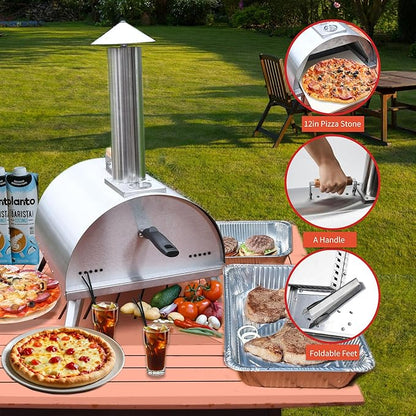 12" Wood Pellets Pizza oven with Thermometer – Portable Wood Fired Pizza stove, Stainless Steel, Quick Heat-Up, 12" Pizza Stone for Camping and Outdoor Cooking, Great Gift for Camping Enthusiasts