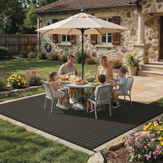 GENIMO Outdoor Rug, Waterproof Plastic Rugs for Patio, 9'x12' Ebony Brown | Outside Larger Modern Carpet Mat for Patio Decor, RV, Porch, Camper, Deck, Picnic, Beach, Backyard, Reversible, Foldable