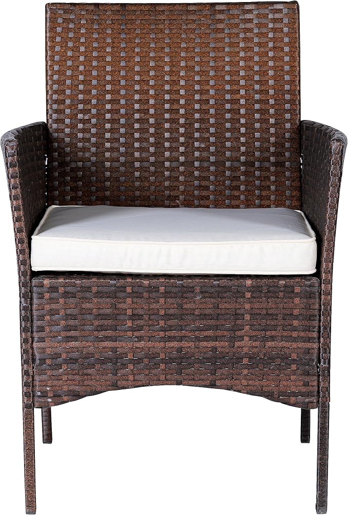 Outdoor Wicker Conversation 3 Piece Bistro Set Garden Patio Yard Porch Furniture Space Saving Pe Rattan Two Chairs Cushions Side Storage Glass Table Brown/Beige 3pc Set