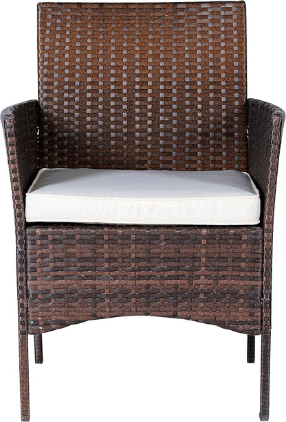 Outdoor Wicker Conversation 3 Piece Bistro Set Garden Patio Yard Porch Furniture Space Saving Pe Rattan Two Chairs Cushions Side Storage Glass Table Brown/Beige 3pc Set