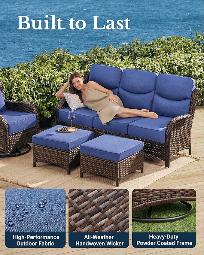 HILLGA Luxury Outdoor Furniture High Back Patio Sofa, Oversized 3-Seater Couch with 6'' Thick Cushions, Ideal for Porch, Poolside, Deck, and Yard(Blue)
