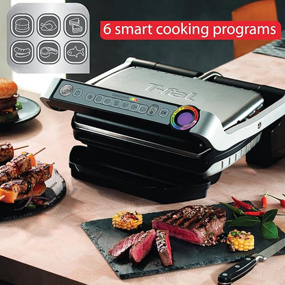 T-Fal OptiGrill Stainless Steel Electric Grill, 4 Servings, 6 Automatic Cooking Modes, Intelligent Grilling, Rare to Well-Done, Panini Press, Nonstick Removable Plates, Indoor, Silver