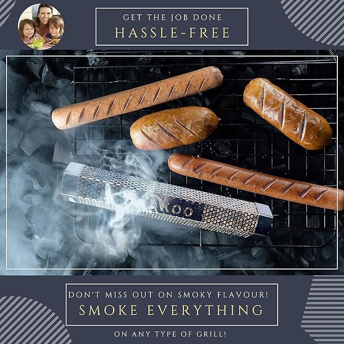 Skoo Pellet Smoker - BBQ Hexagonal Smoking Tube + Brush + Hook + Free EBook + Digital User Guide - 5 Hours of Billowing Smoke - For Electric, Gas, Charcoal Grills or Smokers