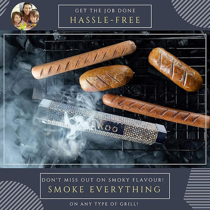 Skoo Pellet Smoker - BBQ Hexagonal Smoking Tube + Brush + Hook + Free EBook + Digital User Guide - 5 Hours of Billowing Smoke - For Electric, Gas, Charcoal Grills or Smokers
