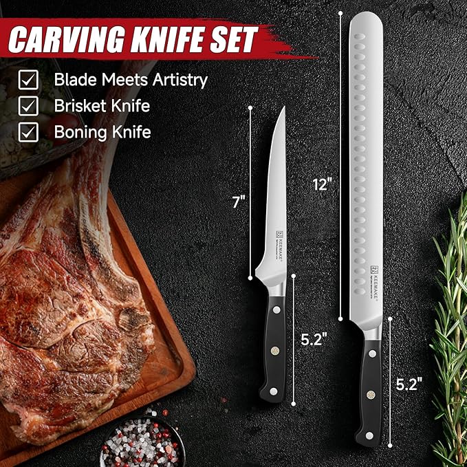 KEEMAKE Carving Knife Set with Sharpener, German High Carbon Steel, Ergonomic Full Tang Handle, Slicing & Boning Kitchen Knives for Meat Turkey BBQ and Brisket