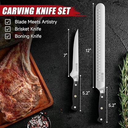 KEEMAKE Carving Knife Set with Sharpener, German High Carbon Steel, Ergonomic Full Tang Handle, Slicing & Boning Kitchen Knives for Meat Turkey BBQ and Brisket