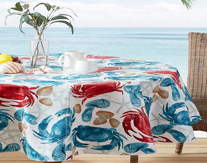 Newbridge Stone Crab Summer Vinyl Flannel Backed Tablecloth, 60 x 84 Inch Oval, Coastal Crab Print, Waterproof Indoor Outdoor Table Cover, Beach House Nautical Seafood Boil Patio Dining
