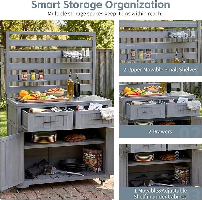 65 Inch Patio Kitchen Island with Stainless Steel Top, Gray | Gray fir wood, stainless steel top, garden or patio, 2 drawers, 3 movable shelves, cabinet, lockable wheels, 41.7 in L