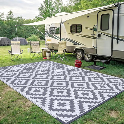 Smiry Outdoor Rug 8x10 ft Waterproof Reversible Boho Mat, White & Grey | Polypropylene Plastic Straw, Quick Drying, Lightweight Foldable, for Patio, Deck, RV Camping, Backyard and Indoor Outdoor Use