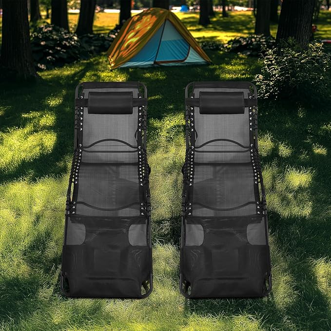 Unovivy Tanning Chairs with Face Hole Set of 2, Teslin Folding Outdoor Lounge Chair with 5-Position Reclining Back for Sunbathing, Pool, Patio, Camping