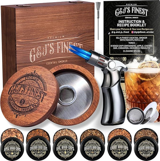 Whiskey Smoker Kit with QuadTorch, 6 Wood Chips, & Wood Box for Smoking Drinks| Cocktail Smoker Kit| Bourbon Smoker Kit| Old Fashioned Smoker Kit| Smoked Whisky Gift for Father's Day (No Butane Incl.)