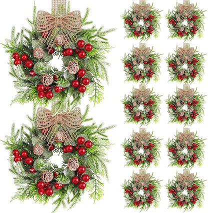 Dingion 12 Pcs Small Christmas Wreaths for Cabinet Kitchen Decor Mini Artificial Wreath 9 Inch Faux Garland with Burlap Ribbon for Vintage Retro Home Table Candle Porch Window Indoor Outdoor Decor