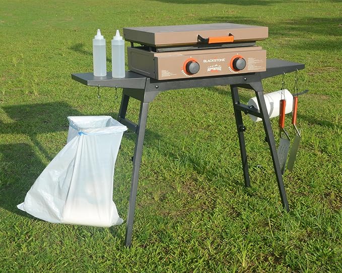 Folding Stand for Blackstone 17 & 22 Inch Tabletop Griddle – Portable Grill Table with Adjustable Legs for Uneven Ground, Side Shelves, Paper Towel Holder, Trash Bag Holder – Heavy Duty for Camping