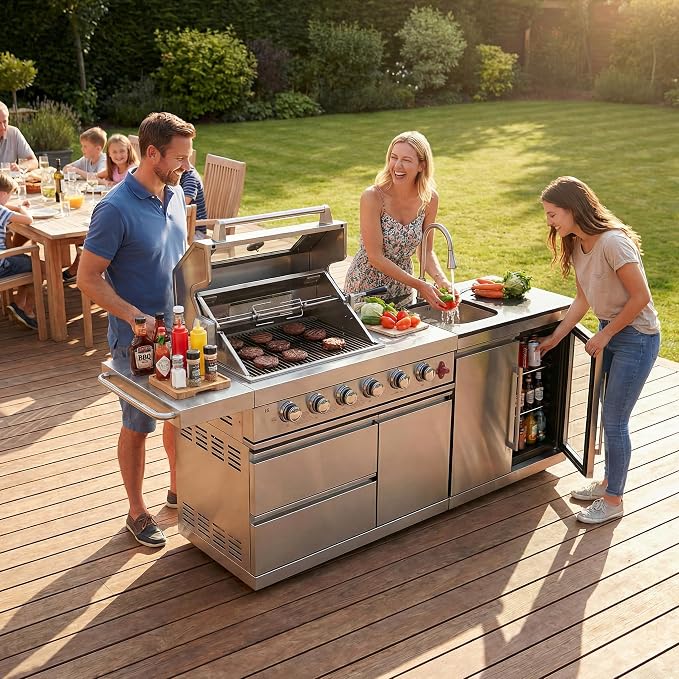 RIGO 84" 6 Burner Outdoor Kitchen Island Grill,75300 BTU 304 Stainless Dual Fuel BBQ Grill with Sink,Fridge & Granite Countertop for Backyard Commercial Use