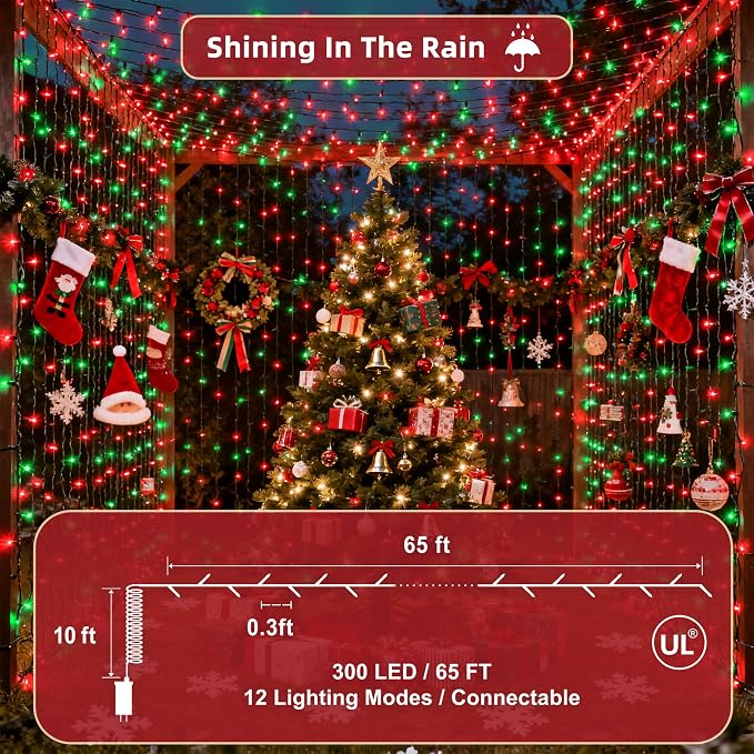 300LED 75FT Christmas Lights Indoor, LED Christmas Tree Decoration Lights with 12 Modes & Timer Memory, Dimmable Plug In Waterproof LED Xmas Light for Yard Trees Wedding Party Holiday Red & Green