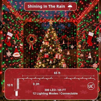 300LED 75FT Christmas Lights Indoor, LED Christmas Tree Decoration Lights with 12 Modes & Timer Memory, Dimmable Plug In Waterproof LED Xmas Light for Yard Trees Wedding Party Holiday Red & Green