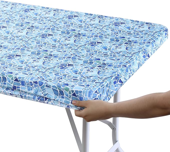 Brielle Home Easy Care Picnic Tablecloth Printed Indoor Outdoor Elastic Cotton Fabric Fitted Dining Table Cover, 30"x72" Rectangle, Blue Mosaic