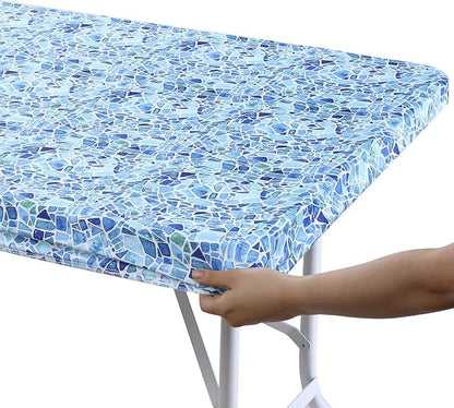 Brielle Home Easy Care Picnic Tablecloth Printed Indoor Outdoor Elastic Cotton Fabric Fitted Dining Table Cover, 30"x72" Rectangle, Blue Mosaic