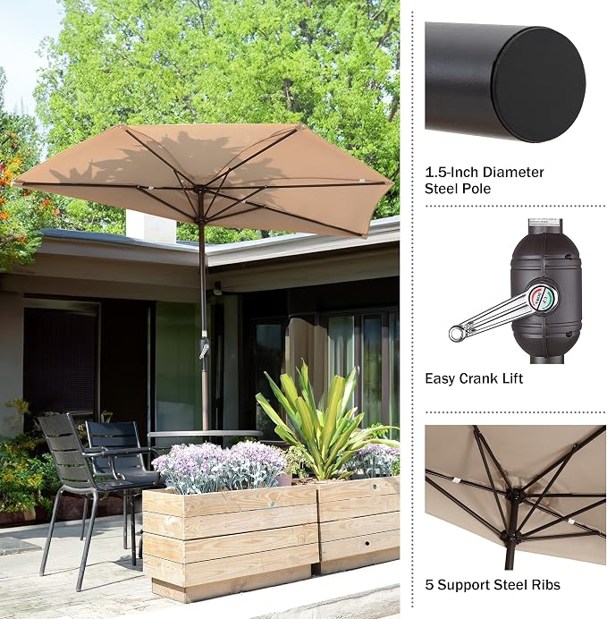 Pure Garden Half Umbrella Outdoor Patio Shade, Beige, 9ft
