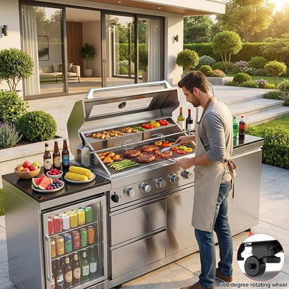 Outdoor Kitchen Island, 82 Inch 85000 BTU Gas Grill Combination With Refrigerator and Sink, Outdoor Stainless Steel Barbecue Bar,Natural Gas Barbecue Grill for Patios, Gardens, Parties