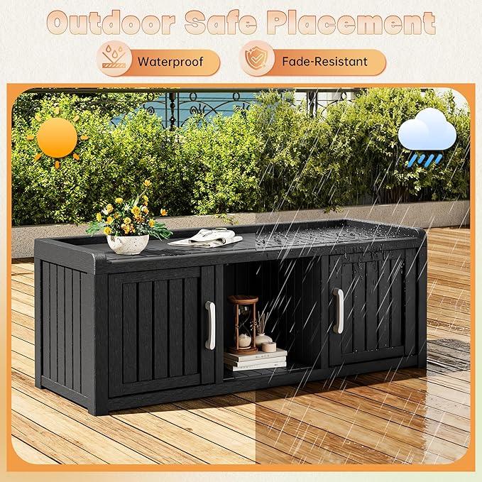 Bifanuo Shoe Storage Cabinet, 2-Door Outdoor Storage Bench with Adjustable Shelves, Waterproof UV-Resistant for Hallway, Living Room, Entryway, Large Capacity Modern Organizer (Black)
