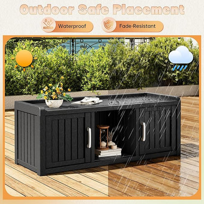 Bifanuo Shoe Storage Cabinet, 2-Door Outdoor Storage Bench with Adjustable Shelves, Waterproof UV-Resistant for Hallway, Living Room, Entryway, Large Capacity Modern Organizer (Black)