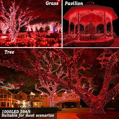 KNONEW 403ft 1000 LED String Lights Outdoor Christmas Lights 8 Modes & Timer Fairy Light Plug in Waterproof LED String Lights for Xmas Yard Tree Wedding Party Holiday Decorations (Red)