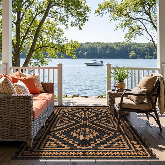 GENIMO Outdoor Rug, Waterproof Plastic Rugs for Patio, 6'x9' Onyx Orange | Outside Larger Modern Carpet Mat for Porch Decor, Deck, Balcony, Camping, RV, Backyard, Picnic, Beach, Reversible, Foldable