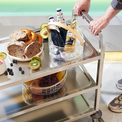 Stainless Steel Serving Trolley, 30" L x 16" W x 33" H 3 Tiered Shelf Kitchen Utility Cart, Rolling Casters Brake Wheel, Commercial Pro for Restaurant/Hotel/Lab/Clinic/Salon/Workshop