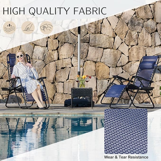 Sweetcrispy Zero Gravity Chairs, Set of 2 Portable Recliner Beach Camping Patio Outdoor Folding Lounge Chair with Cup Holder Trays and Adjustable Pillow for Poolside, Garden, Backyard, Lawn, Blue