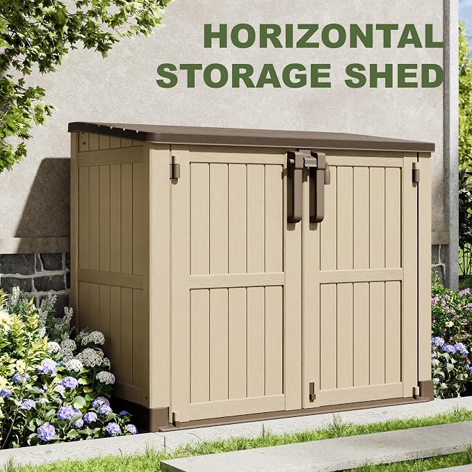 36 Cu Ft Resin Outdoor Storage Shed, Weatherproof Horizontal Outdoor Storage Cabinet with Dual Lock Door for Backyard, Patio, Garage, Garden(Brown-Beige)