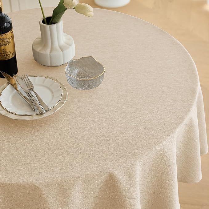 Decorelia Faux Linen Round Table Cloth 60 inch, Waterproof Decorative Fabric Anti-Scratch Texture Round Tablecloth Cover for Dining, Kitchen & Outdoor Table (60 Inch, Round (2-4 Seats), Beige)