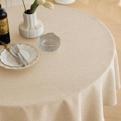 Decorelia Faux Linen Round Table Cloth 60 inch, Waterproof Decorative Fabric Anti-Scratch Texture Round Tablecloth Cover for Dining, Kitchen & Outdoor Table (60 Inch, Round (2-4 Seats), Beige)