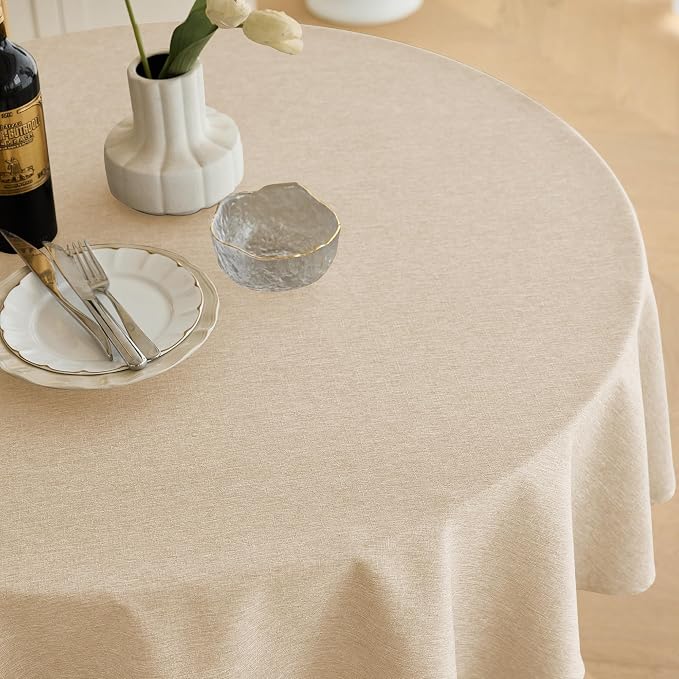 Decorelia Waterproof Round Tablecloth for Round Dining Table, Decorative Rustic Soft Wipeable Table Cloths Cover Indoor Outdoor Use for Holiday,Wedding, Kitchen (70 Inch,Round (4-6 Seats),Beige)