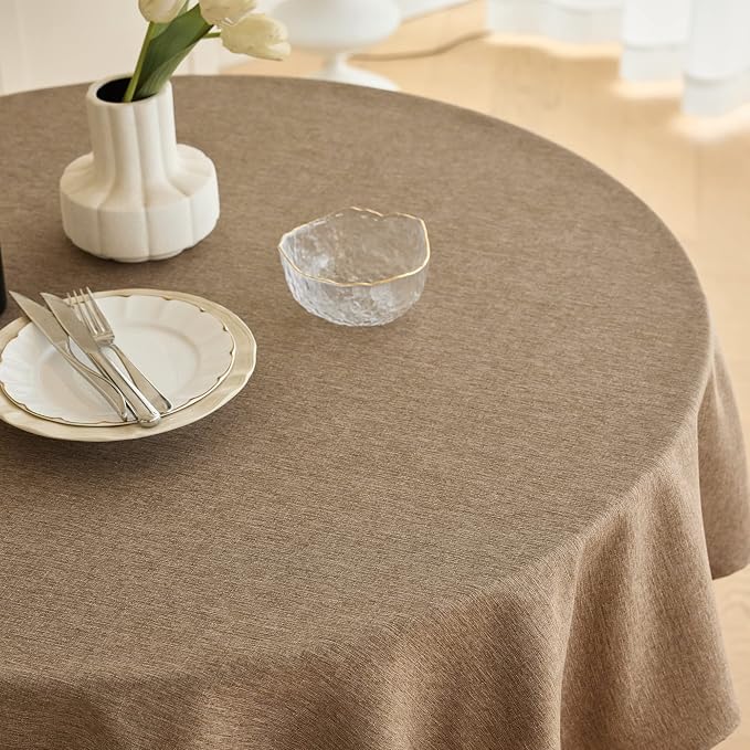 Decorelia Waterproof Round Tablecloth for Round Dining Table, Decorative Rustic Soft Wipeable Table Cloths Cover Indoor Outdoor Use for Holiday,Wedding, Kitchen (70 Inch,Round (4-6 Seats),Coffee)