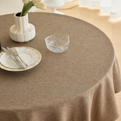 Decorelia Waterproof Kitchen Faux Linen Round Tablecloth, Decorative Fabric Burlap Texture Farmhouse Soft Table Cloth Cover for Dining Party Indoor Outdoor Use (60 Inch, Round (2-4 Seats), Coffee)