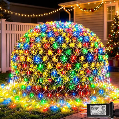300 LED Net Lights for Bushes, 14.8ft x 5ft 8 Modes Christmas Outdoor Mesh Lights Connectable, Waterproof Decorative String Lights Plug in for Xmas Tree Garden Wedding Party (Clear Wire, Mulitcolor)