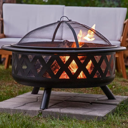 Sunnydaze Crossweave Outdoor Fire Pit - Wood-Burning Fire Pit for Outside with Spark Screen, Poker and Round Cover - 36-Inch - Black