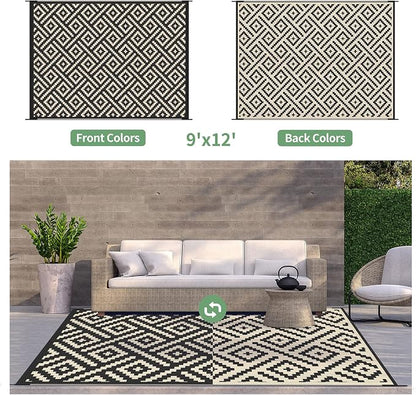 GENIMO Outdoor Rug, Waterproof Plastic Rugs 9'x12' for Camping Black Beige | Outside Larger Modern Carpet Mat for Porch Decor, Deck, Balcony, Camping, RV, Backyard, Picnic, Beach, Reversible, Foldable
