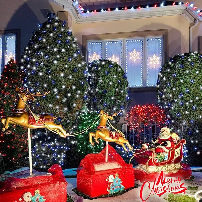 YEGUO 165ft 500 LED String Lights Outdoor Waterproof, Blue and White Christmas Light Indoor, 8 Modes Green Wire Twinkle Tree Lights Plug in with Memory Timer
