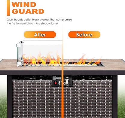 Nuu Garden Outdoor 43" 50,000 BTU Propane Gas Fire Pit Table, Ceramic Tabletop and Rattan Weaved Iron Frame, Water-Proof Oxford Cover, Glass Wind Guard, Glass Beads, Lid Included, Dark Brown & Coffee