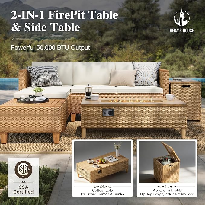 HERA'S HOUSE Small Patio Furniture Set with Fire Pit Table, 5 Pieces 4 Seats Wicker Outdoor Sectional Sets,Yellow Rattan Conversation Set with Sofa and Table for Backyard, l Shape Balcony Couch