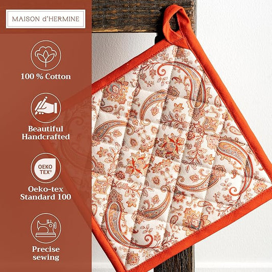 Maison d' Hermine Pot Holders Set 100% Cotton Heat Resistant Potholders 8" x 8" Hot Pads with Loop for Thanksgiving Christmas Decorations BBQ Cooking Baking Handling Hot Pans (Pack of 2, Cachemire)