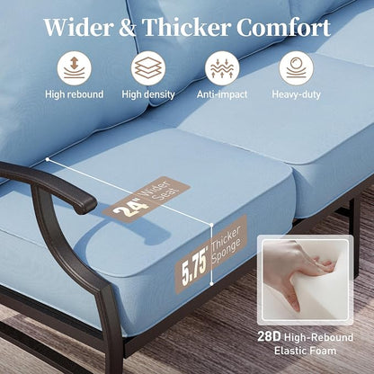 SUNSHINE VALLEY Metal Patio Furniture Sofa with 5.75" Extra Thick Waterproof Cushion, 3-Seater Deep Seating & High-Back Outdoor Couch All Weather Outdoor Seating for Backyard Deck Front Porch, Blue