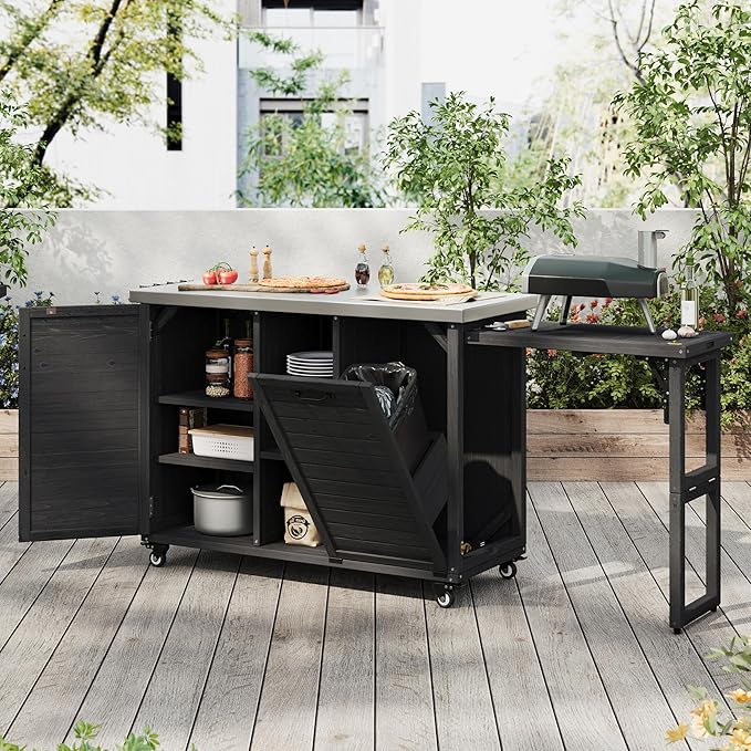 RUNNA 78.3" Outdoor Kitchen Island with Foldable Grill Table, Wooden Outdoor Grill Cart with Trash Can Storage & Stainless Steel Top, Outdoor Bar Cart, Pizza Oven Table for Lawn & Garden (Black@76)