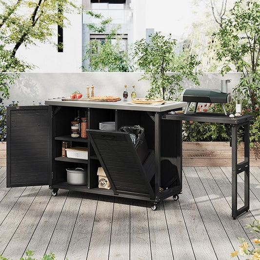 RUNNA 78.3" Outdoor Kitchen Island with Foldable Grill Table, Wooden Outdoor Grill Cart with Trash Can Storage & Stainless Steel Top, Outdoor Bar Cart, Pizza Oven Table for Lawn & Garden (Black@76)