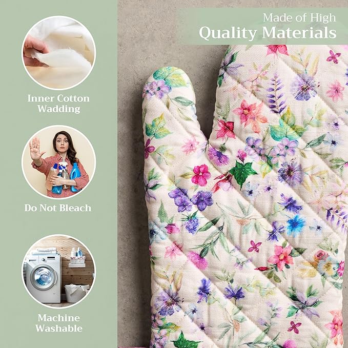 Maison d'Hermine Oven Gloves 100% Cotton Oven Mitt 7" x 13" with Loop Heat Resistant BBQ Cooking Gloves Baking Grilling Kitchen Hotel Home Farmhouse Spring Summer (Pack of 1, Chardon)